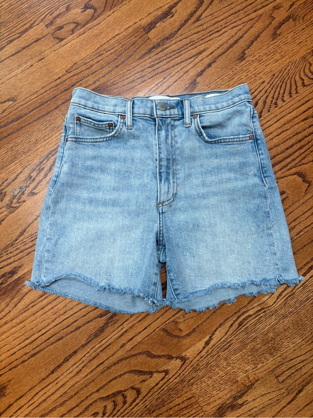 Aritzia Denim Forum Light Blue High-Rise Frayed Hem Jean Shorts